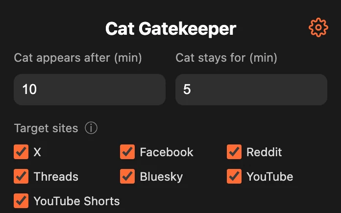 Settings for when the cat appears, how long it stays, and target sites