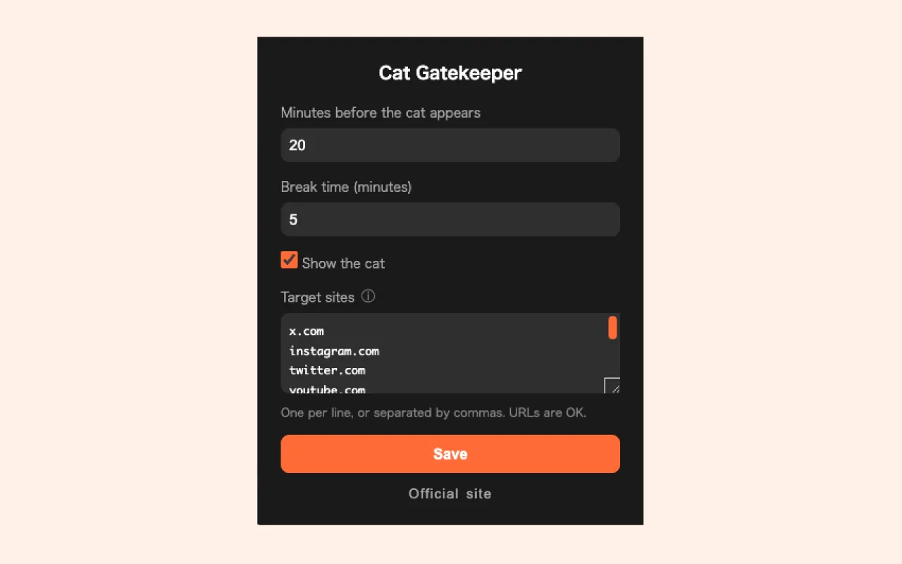 Cat Gatekeeper preview with the extension menu